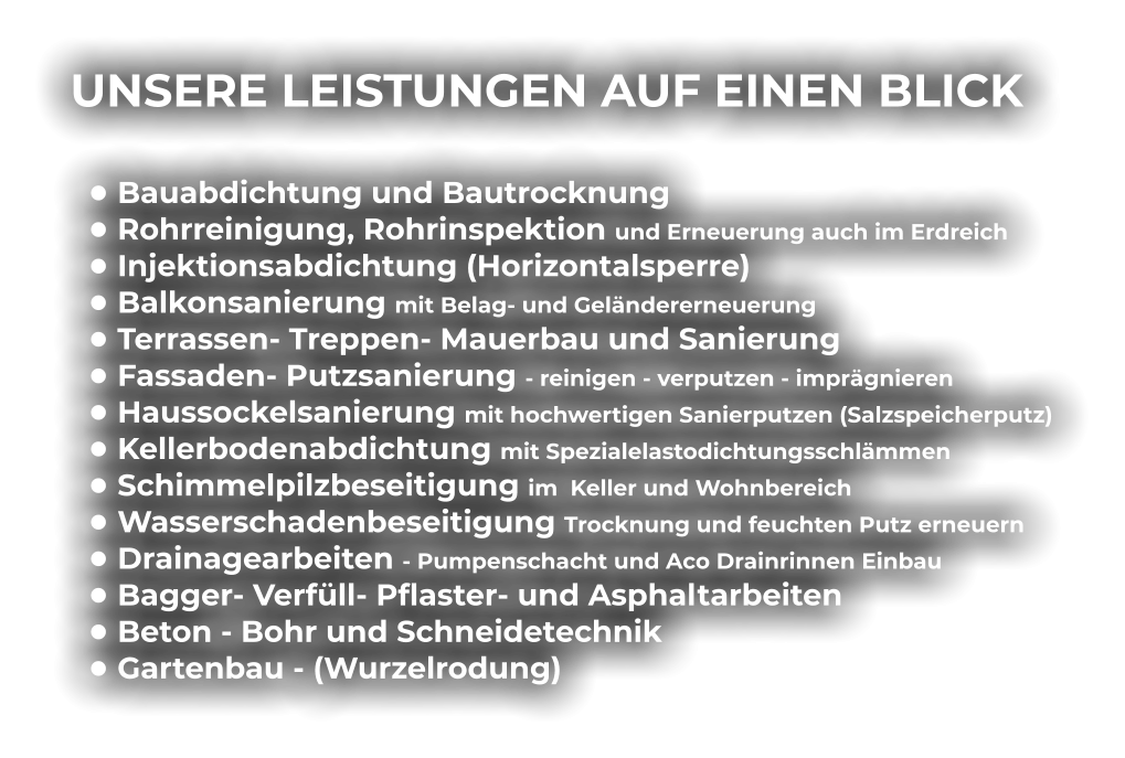 UNSERE LEISTUNGEN AUF EINEN BLICK  •	Bauabdichtung und Bautrocknung •	Rohrreinigung, Rohrinspektion und Erneuerung auch im Erdreich •	Injektionsabdichtung (Horizontalsperre) •	Balkonsanierung mit Belag- und Geländererneuerung •	Terrassen- Treppen- Mauerbau und Sanierung •	Fassaden- Putzsanierung - reinigen - verputzen - imprägnieren  •	Haussockelsanierung mit hochwertigen Sanierputzen (Salzspeicherputz) •	Kellerbodenabdichtung mit Spezialelastodichtungsschlämmen •	Schimmelpilzbeseitigung im  Keller und Wohnbereich  •	Wasserschadenbeseitigung Trocknung und feuchten Putz erneuern •	Drainagearbeiten - Pumpenschacht und Aco Drainrinnen Einbau •	Bagger- Verfüll- Pflaster- und Asphaltarbeiten •	Beton - Bohr und Schneidetechnik •	Gartenbau - (Wurzelrodung)